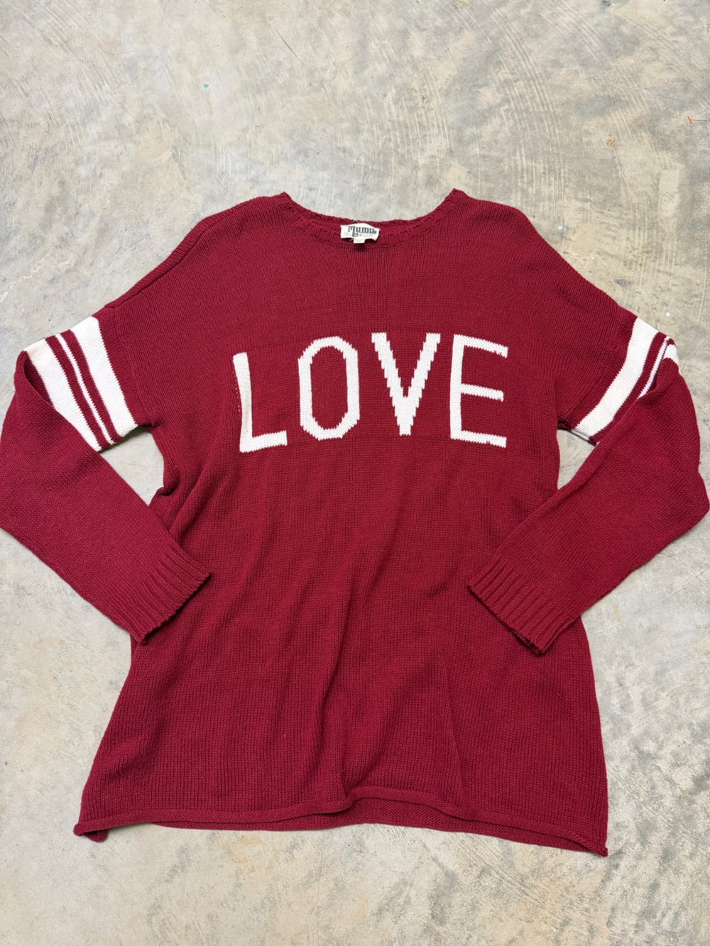 Show Me Your MuMu Burgundy 'LOVE' Crewneck Sweater with White Stripes